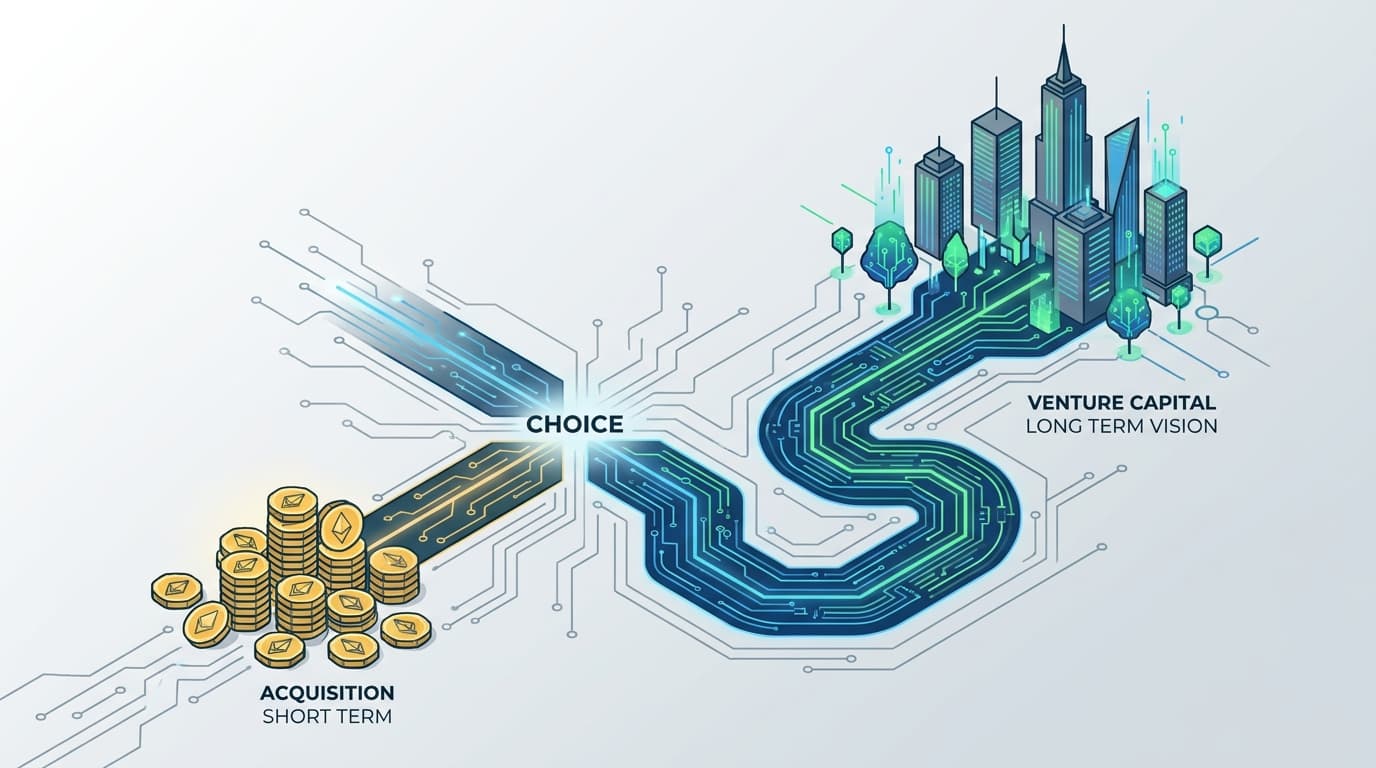 Conceptual art showing a choice between a quick buyout (pile of money) and long-term growth (futuristic city), representing NanoClaw's funding decision.