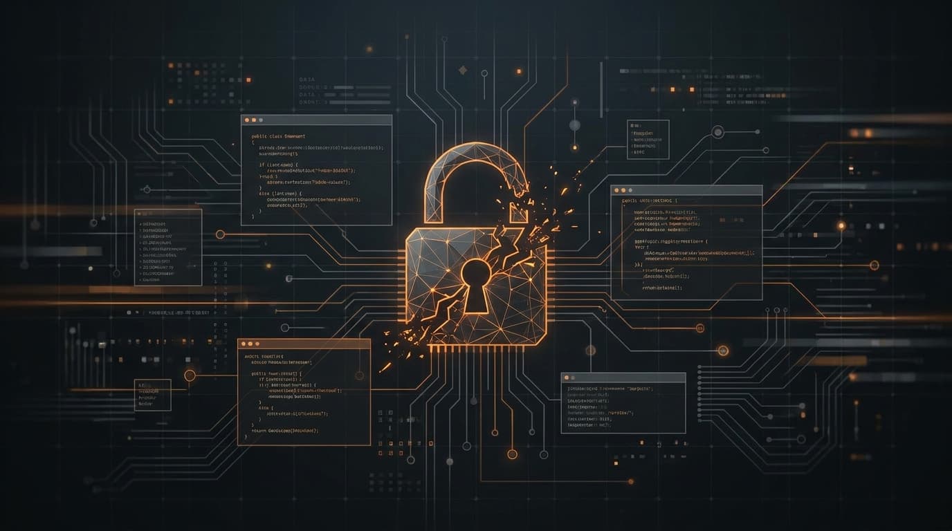Conceptual image of a security breach, showing a broken lock over a background of digital code, with orange and gray colors.