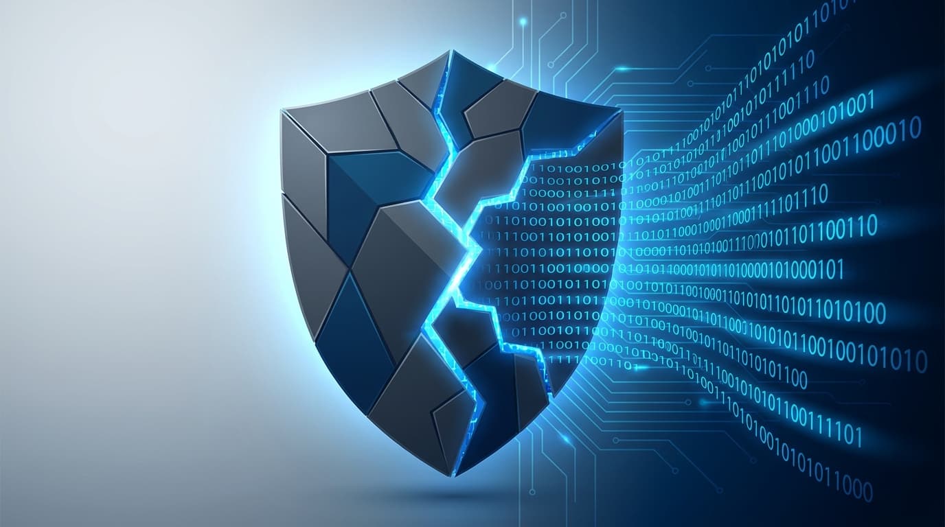 An abstract image of a cracked digital shield, symbolizing a security vulnerability and the risk of a data breach.
