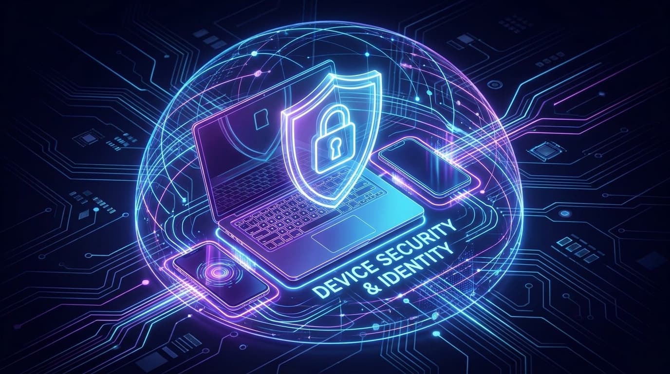 A shield icon protecting a laptop, symbolizing the importance of device security in a modern Zero Trust framework.