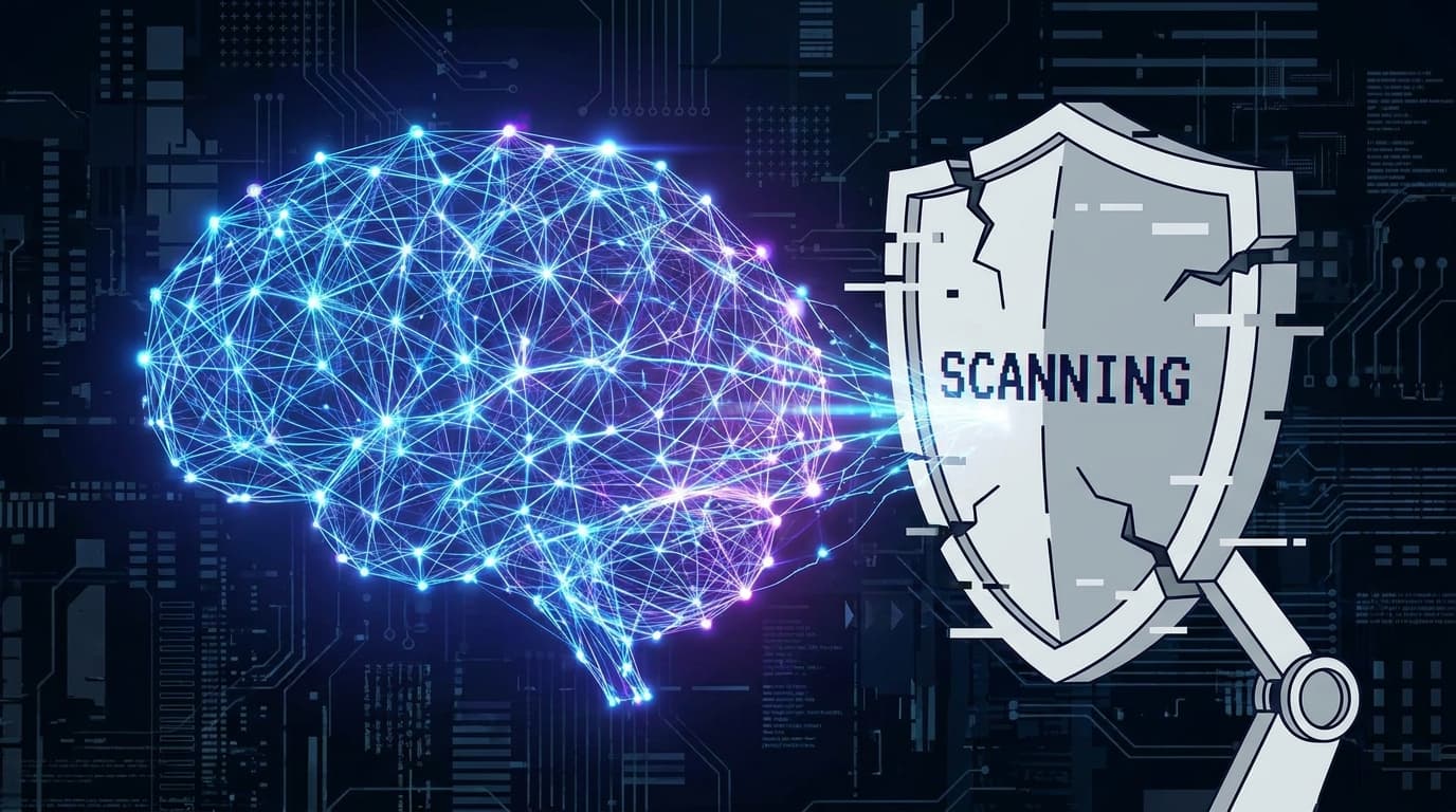 Abstract representation of a digital security shield failing to fully protect a complex AI neural network, symbolizing the inadequacy of old security methods.