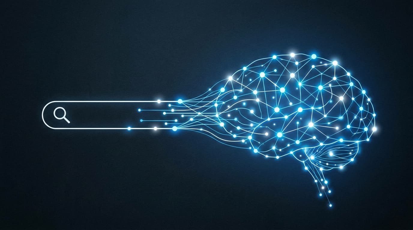 Abstract image of a search bar evolving into a glowing neural network, symbolizing Google's AI search update.