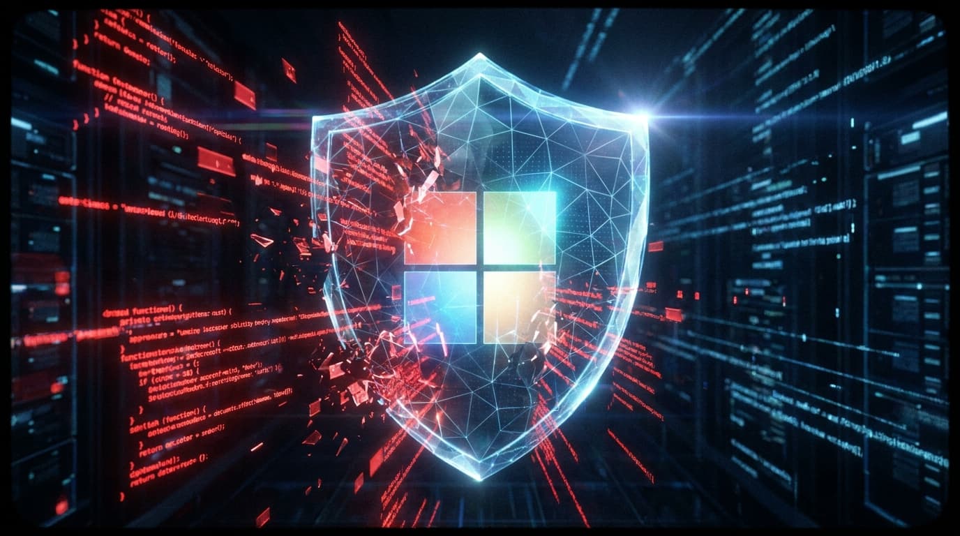 An illustration of a digital shield protecting a system from malware, symbolizing Microsoft's security action.