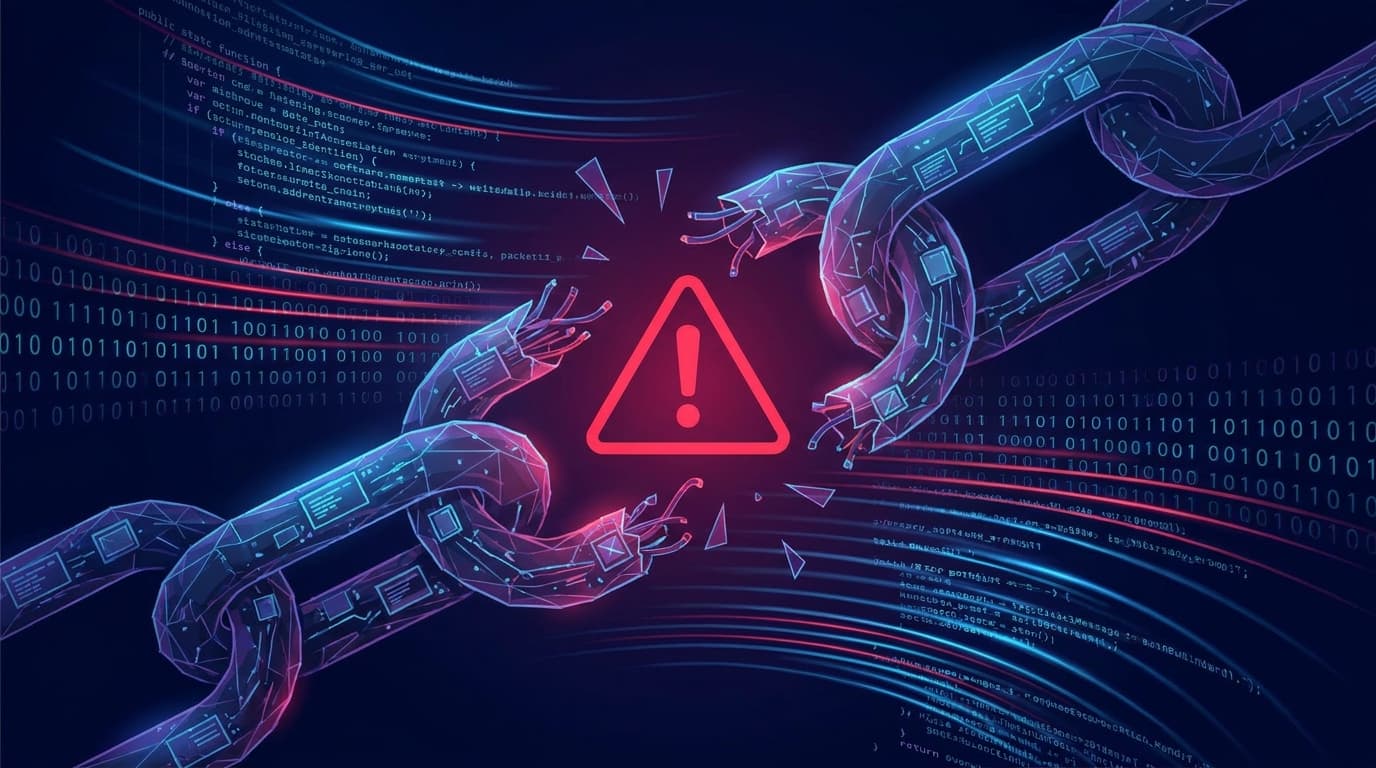 Illustration of a broken software supply chain, representing a security vulnerability in npm packages.