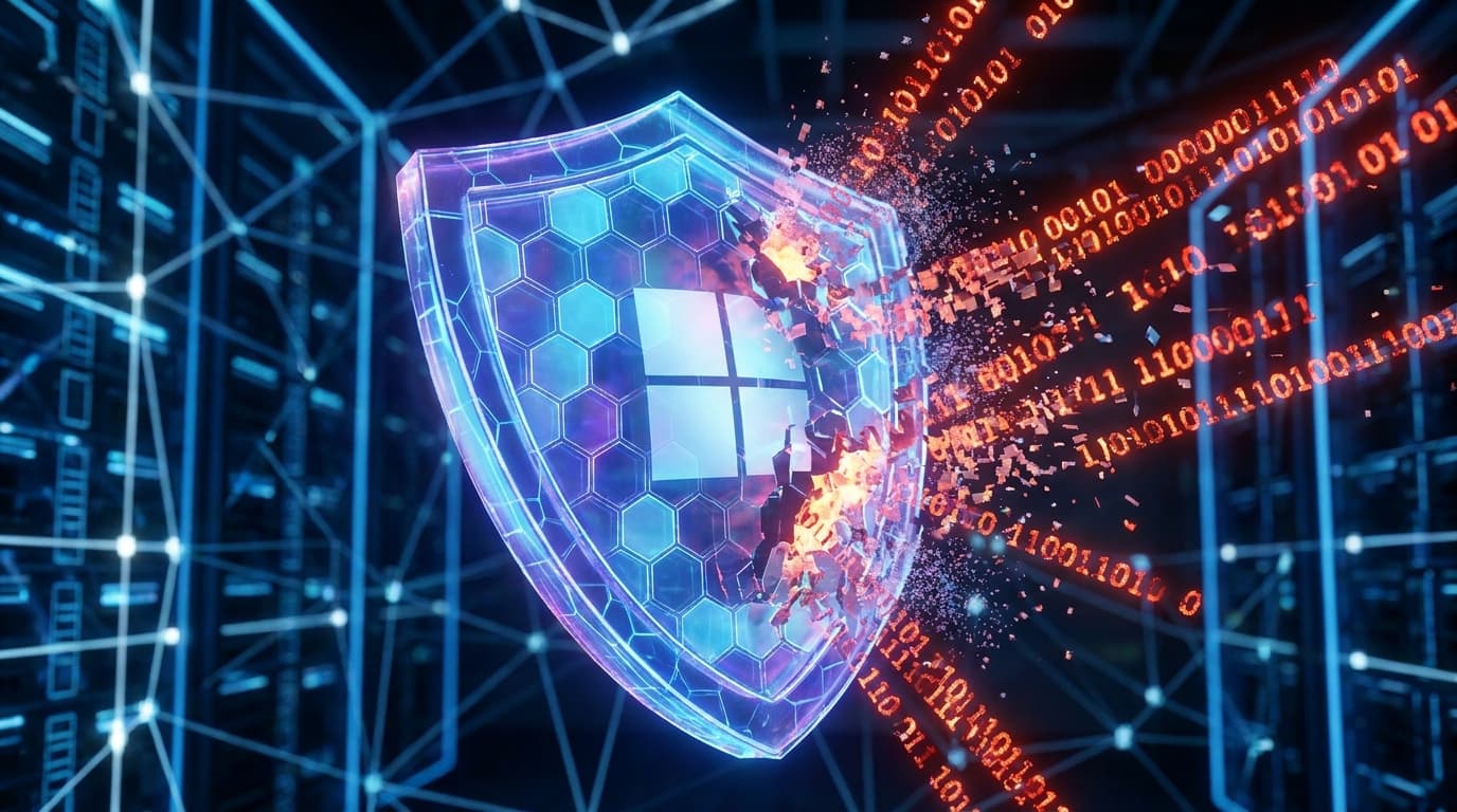 Digital shield representing Microsoft's security action against malware.