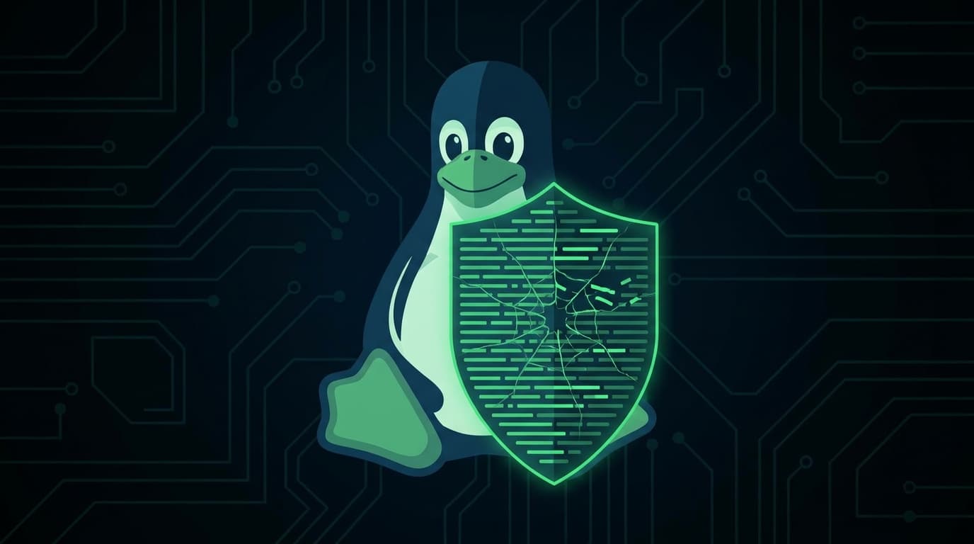 Illustration of the Linux penguin logo with a digital crack, symbolizing a kernel security vulnerability.