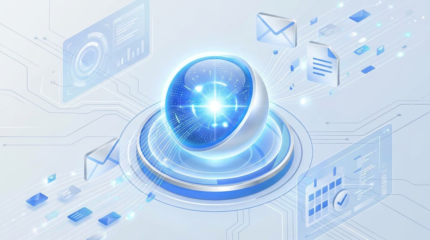 An abstract representation of Google's Gemini Spark AI agent, showing a central intelligence managing digital tasks like email and documents.