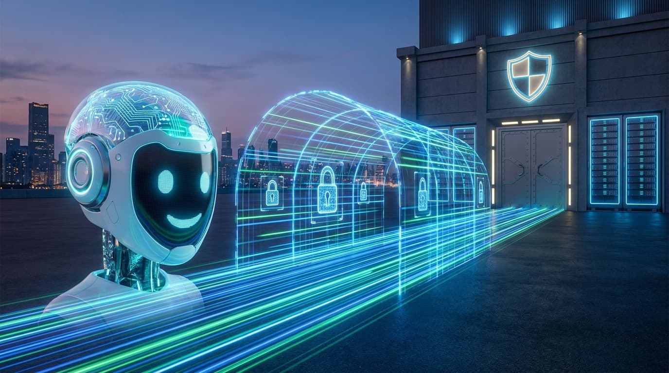 An illustration of an AI agent securely connecting to a private corporate network through a protected digital tunnel.