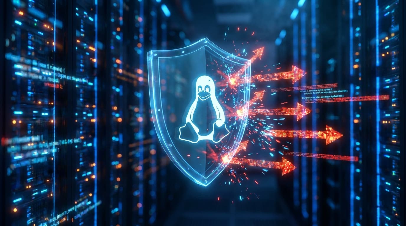 Abstract representation of a Linux kernel security patch, showing a digital shield protecting the system from vulnerabilities.