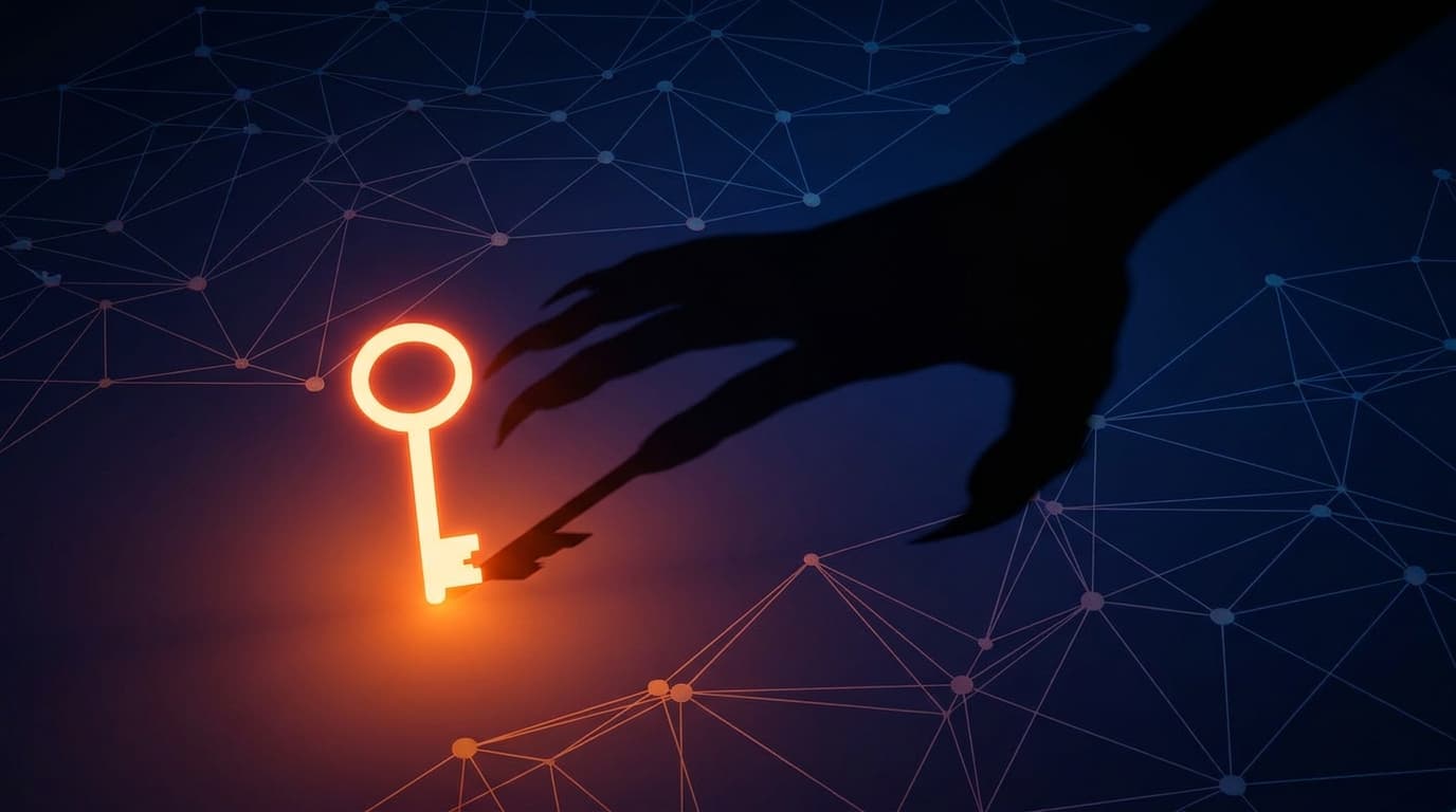 A single digital key representing a security vulnerability casting a large shadow over a cloud network, symbolizing a significant attack path.