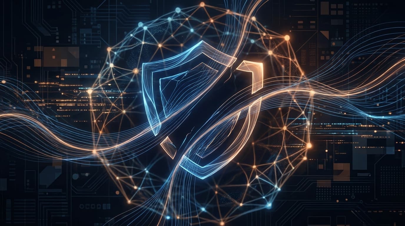An abstract image of a digital shield protecting a computer network, symbolizing cybersecurity for the Linux kernel.