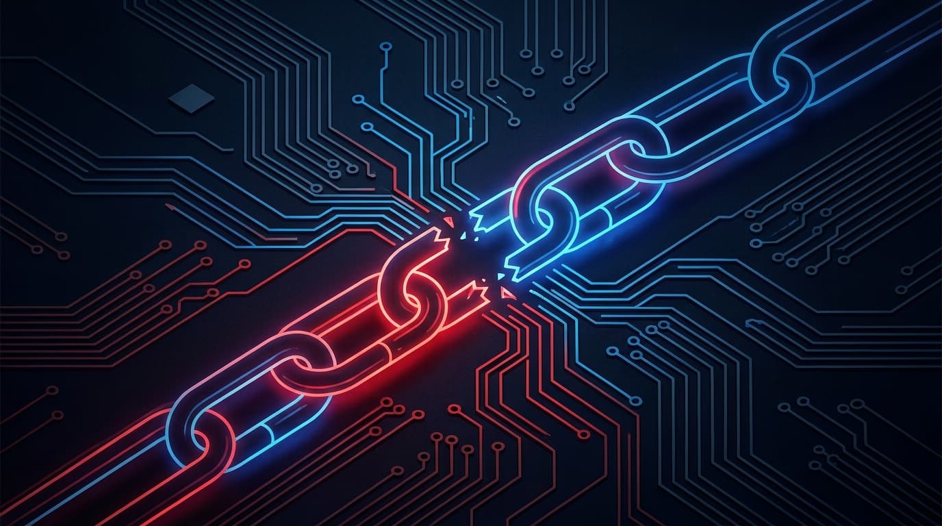 Abstract image of a broken chain link on a circuit board, representing a Linux kernel security vulnerability.