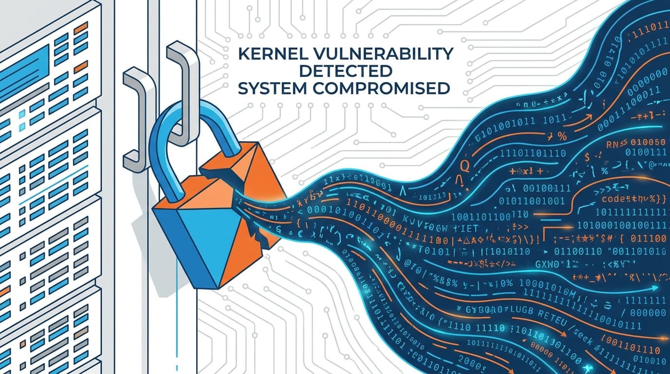 Illustration of a broken lock symbolizing a security vulnerability in the Ubuntu Linux kernel on a cloud server.