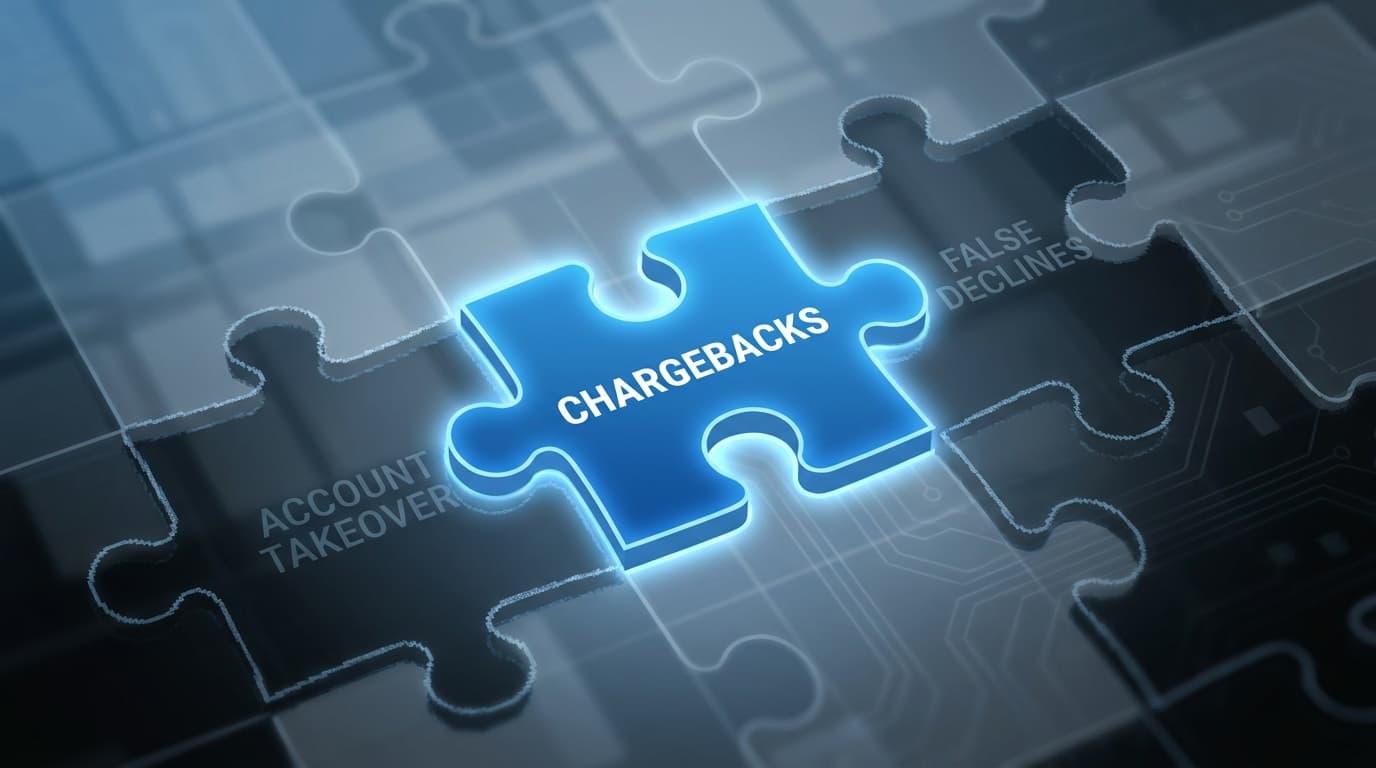 A puzzle representing fraud, with the 'Chargebacks' piece in focus and other fraud types like 'Account Takeover' in the shadows.