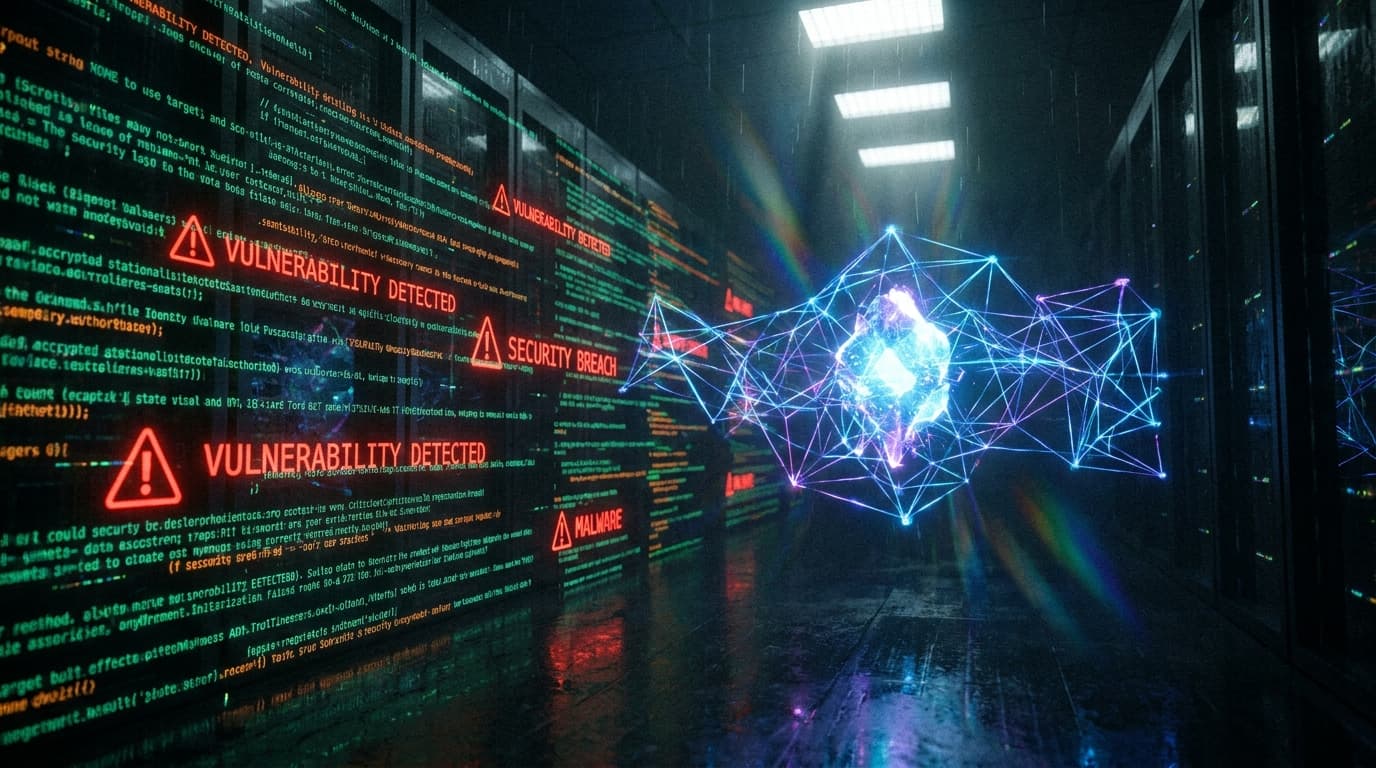An abstract visualization of an AI scanning code for security vulnerabilities, showing a digital network with glowing red markers indicating flaws.