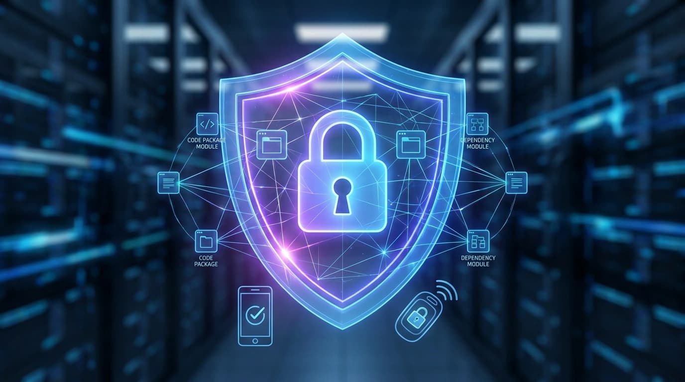 A shield protecting the npm software supply chain, symbolizing the new two-factor authentication security feature for package publishing.