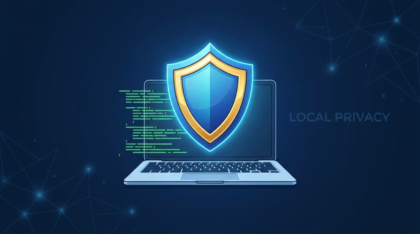 A secure shield icon protecting a laptop, symbolizing the privacy of a local AI coding agent.