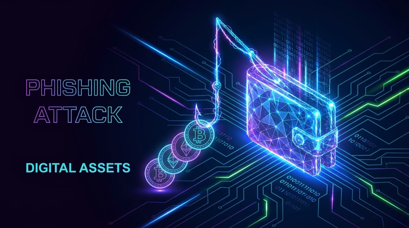 Abstract image of a crypto wallet being emptied by a phishing hook, symbolizing a crypto drainer attack.