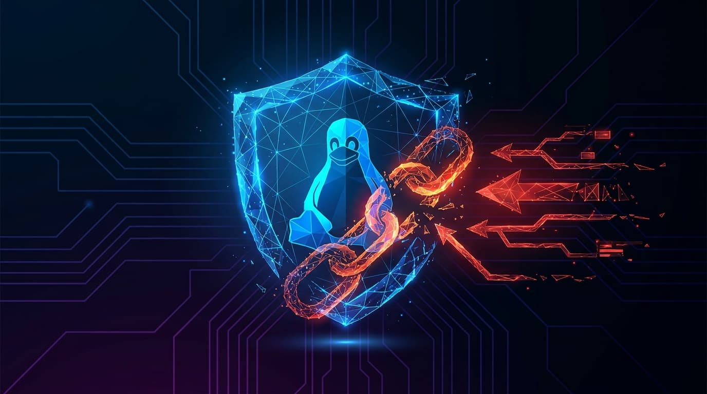 Abstract image of a security shield protecting the Linux logo from digital threats, representing a patched kernel vulnerability.
