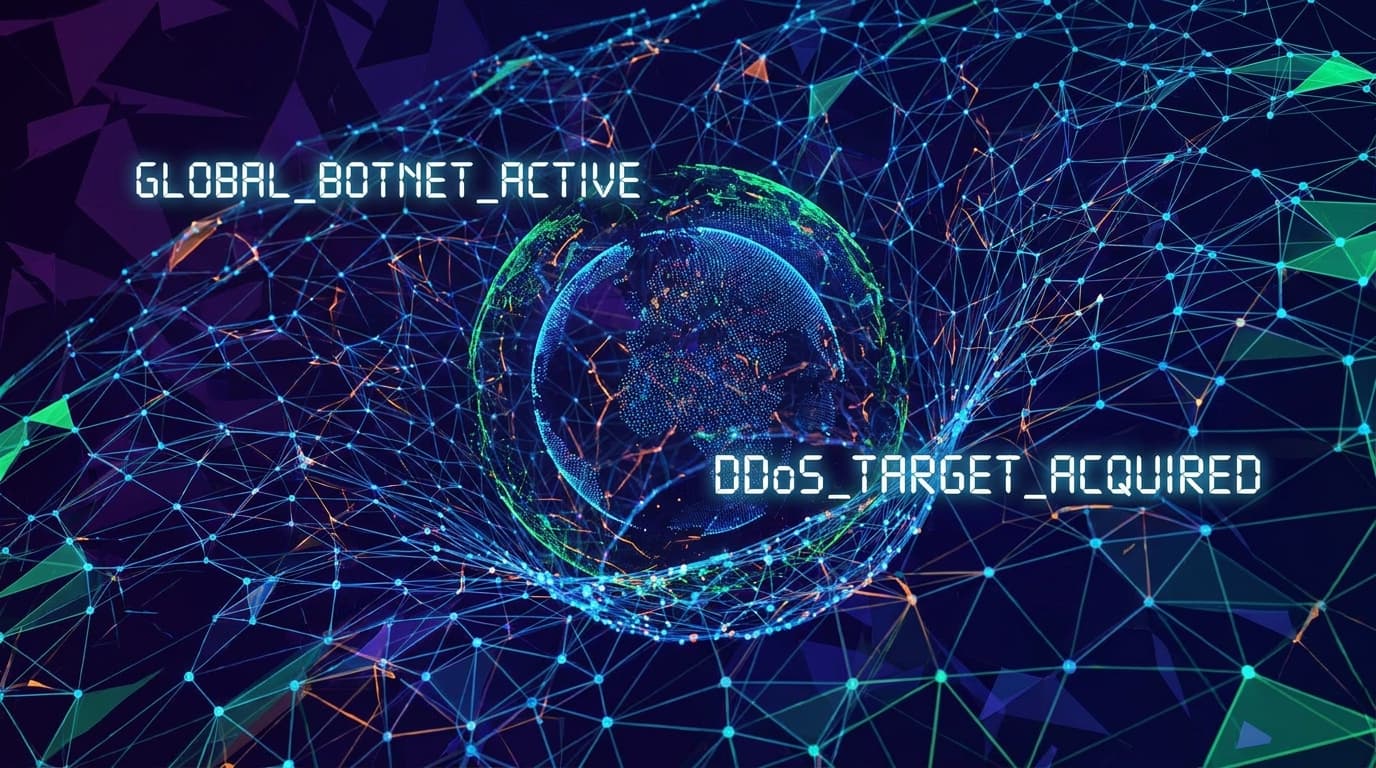 Conceptual image of a botnet attack, showing interconnected digital nodes.