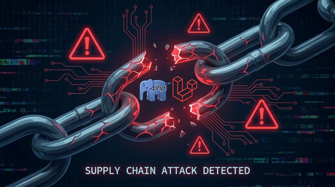 A broken chain link symbolizing a supply chain attack, with the Laravel and PHP logos, representing the compromised packages.