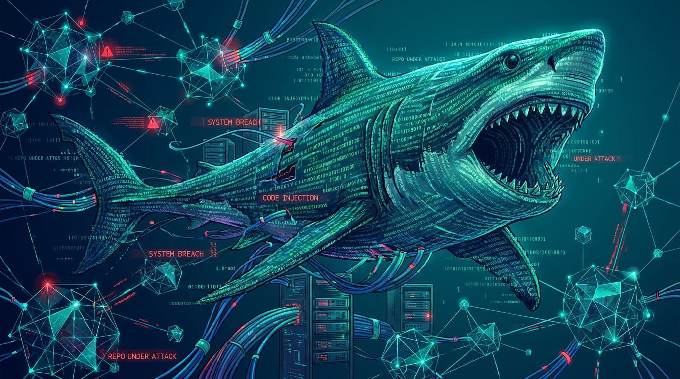 A conceptual image of a shark made of code, symbolizing the Megalodon cyberattack targeting GitHub repositories.