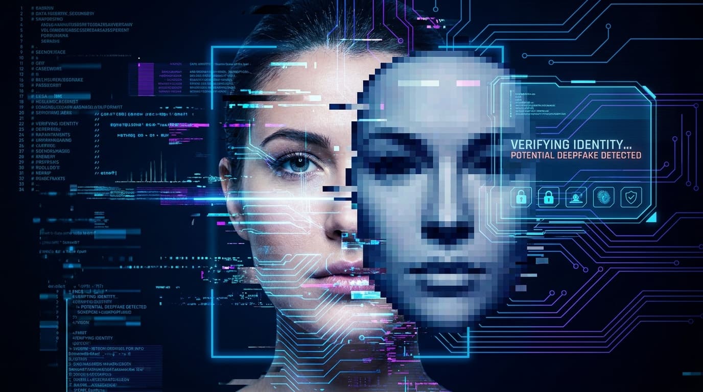 Abstract image of a face being scanned for identity verification, glitching to show it's a deepfake.
