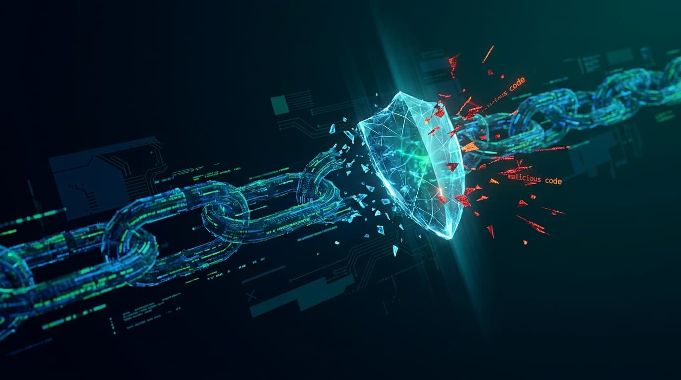 An abstract image of a digital shield breaking a chain, symbolizing the disruption of a cybercrime service.