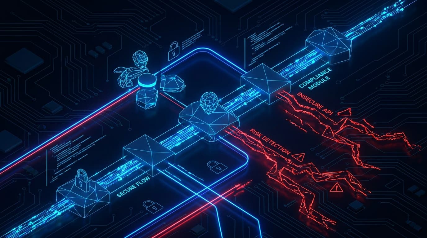 Abstract visualization of AI agents and data flows within a software development lifecycle, representing new security and compliance risks.