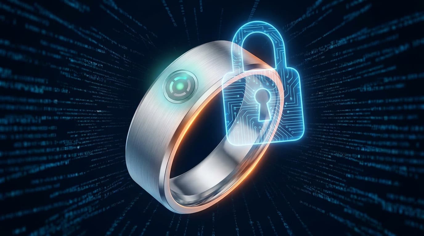 An Oura ring with a digital lock icon, representing user data privacy.