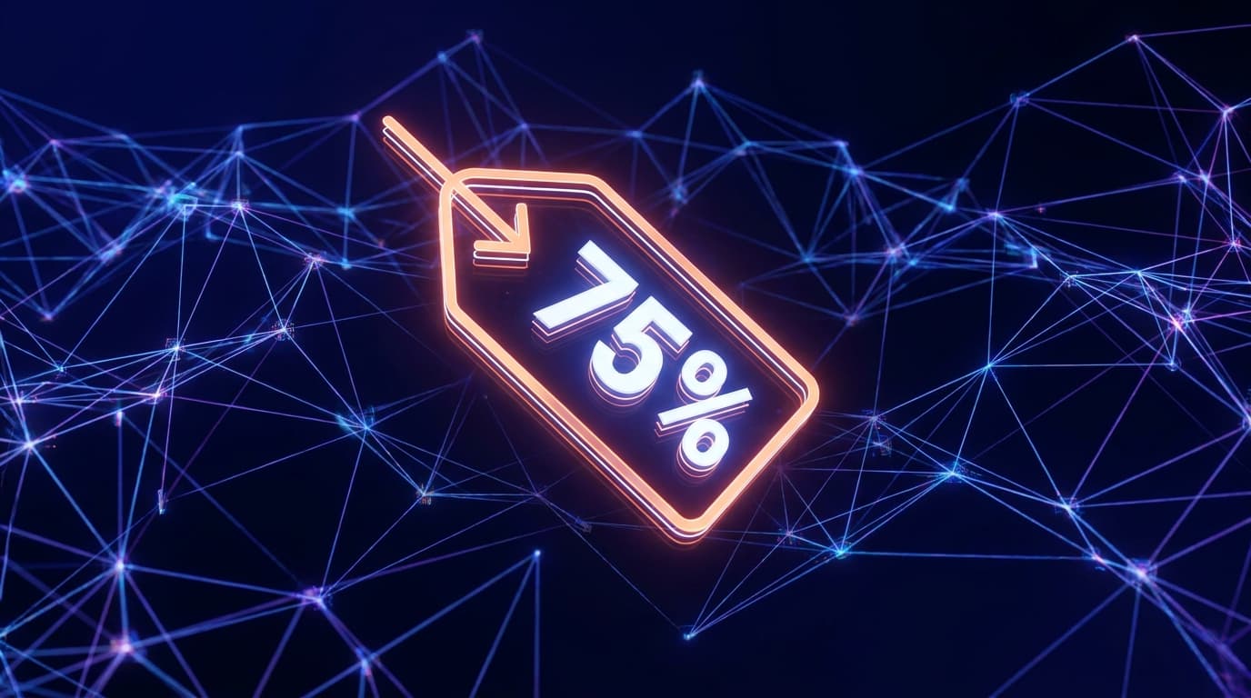 Abstract representation of an AI model price reduction, showing a glowing price tag with a 75% discount.