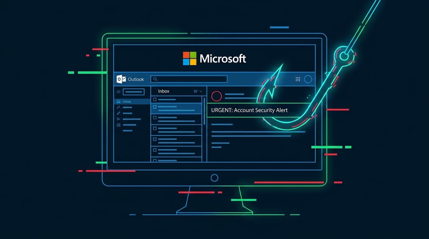 Illustration of a phishing hook coming out of a computer screen showing a Microsoft email, symbolizing a security threat.