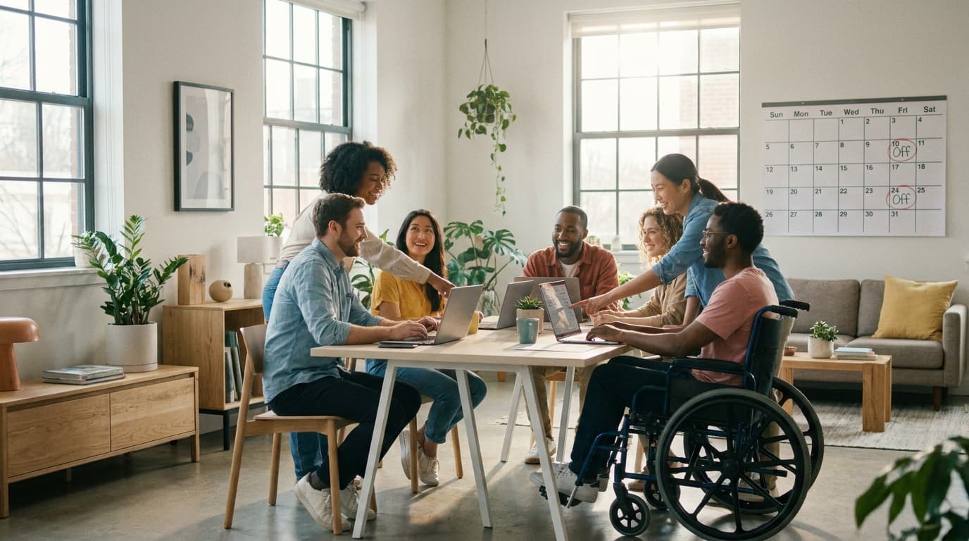 A productive and happy tech team working in a modern office, symbolizing the benefits of a four-day work week.