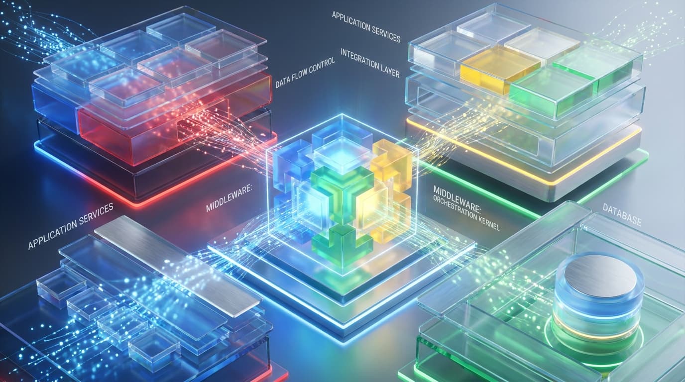 Abstract visualization of a middleware architecture, showing data flowing through organized digital layers, representing control in an AI framework.