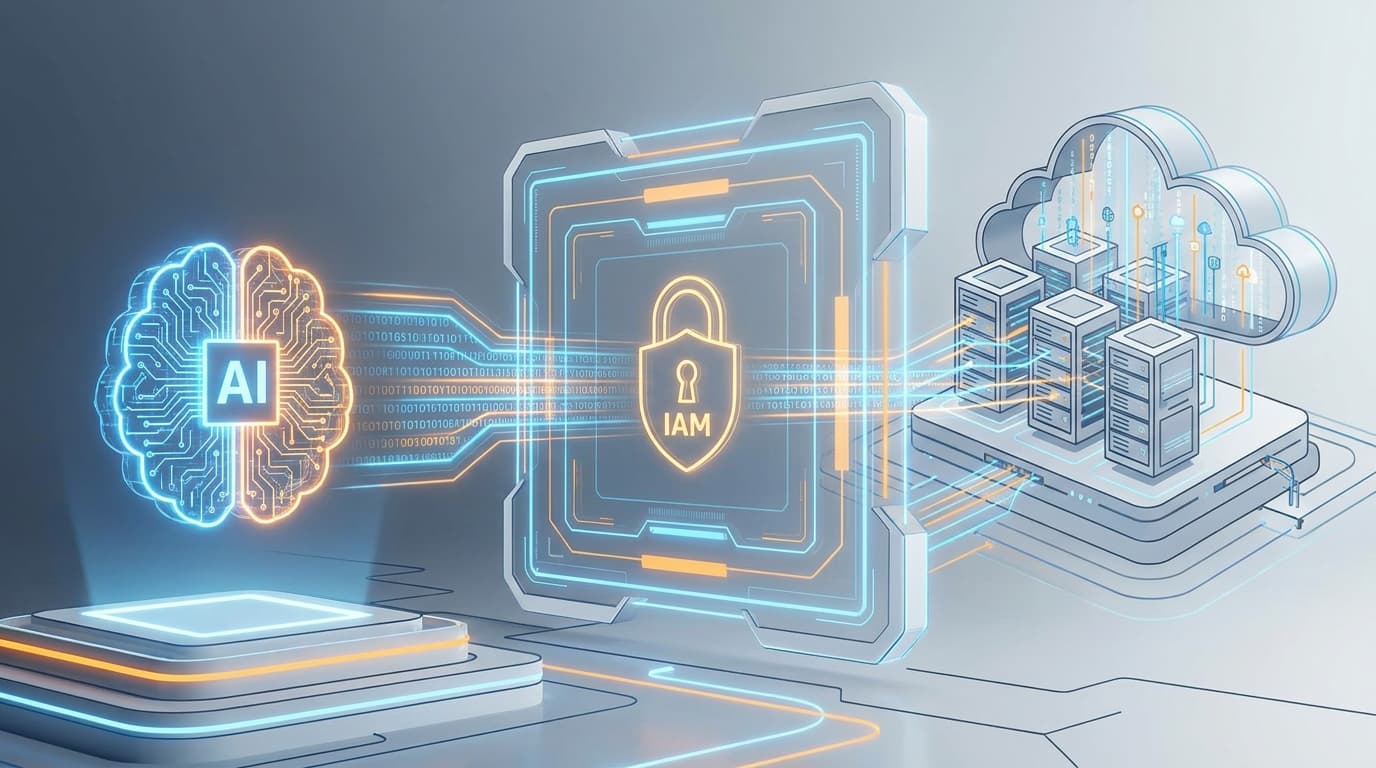 An abstract representation of the AWS MCP server, showing a secure connection between an AI and cloud infrastructure, governed by IAM.