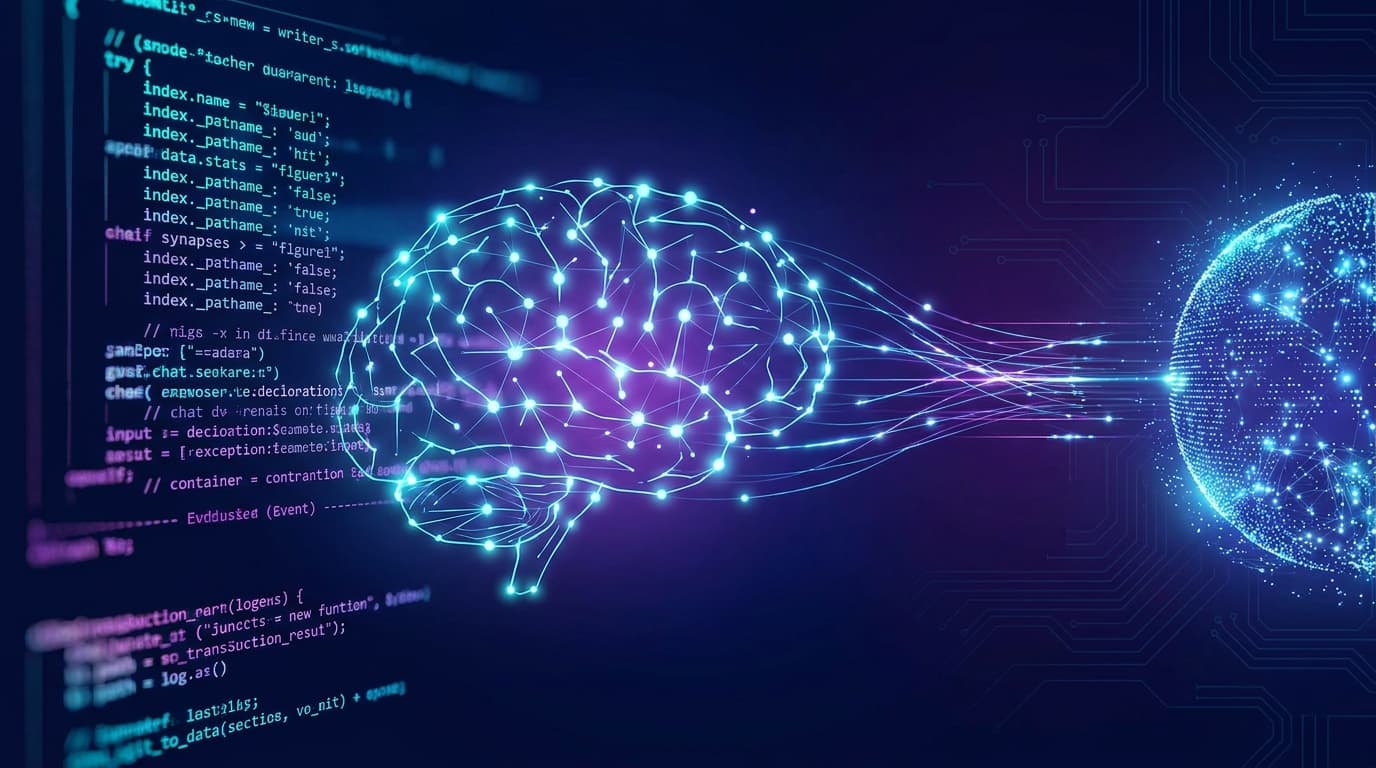 Abstract visualization of an AI coding agent, with glowing lines of code forming a neural network on a dark background.