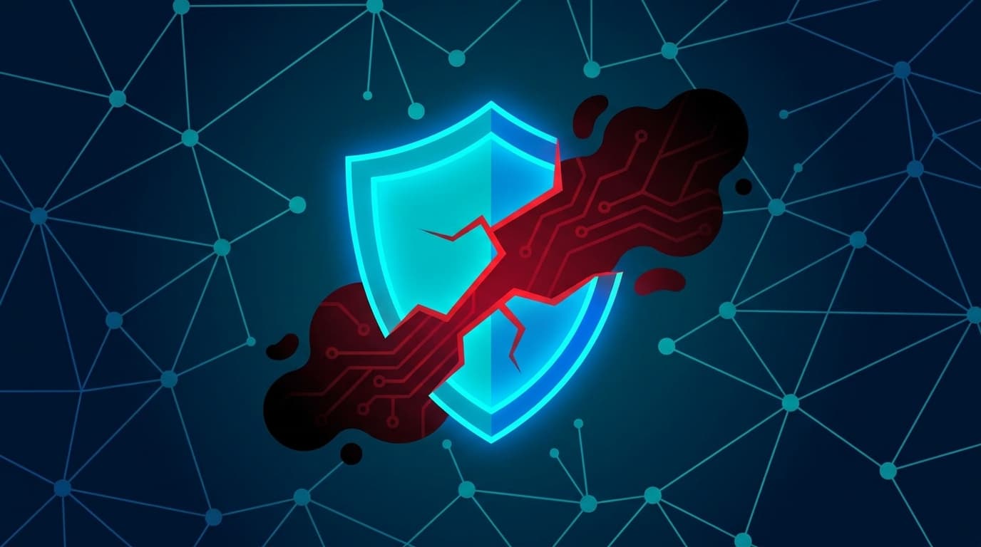 Abstract image of a cracked digital shield, symbolizing a CDN vulnerability that allows malicious traffic to bypass security.