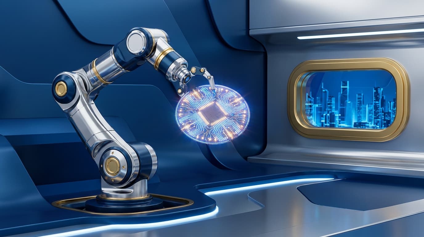 A robotic arm handling a silicon wafer with glowing quantum chip circuits inside a futuristic semiconductor fabrication facility.