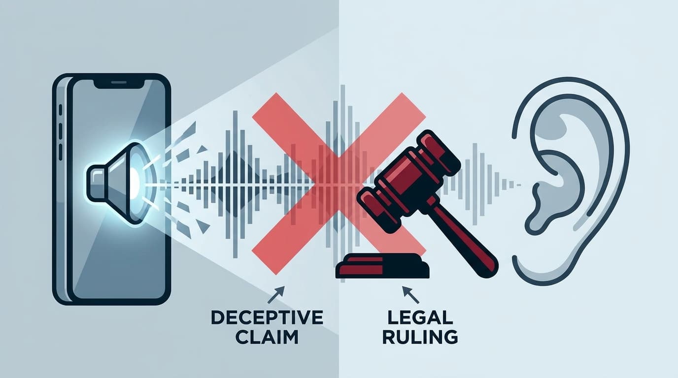 Illustration of a smartphone with a sound wave, symbolizing a deceptive claim about listening to users, marked with a legal gavel.
