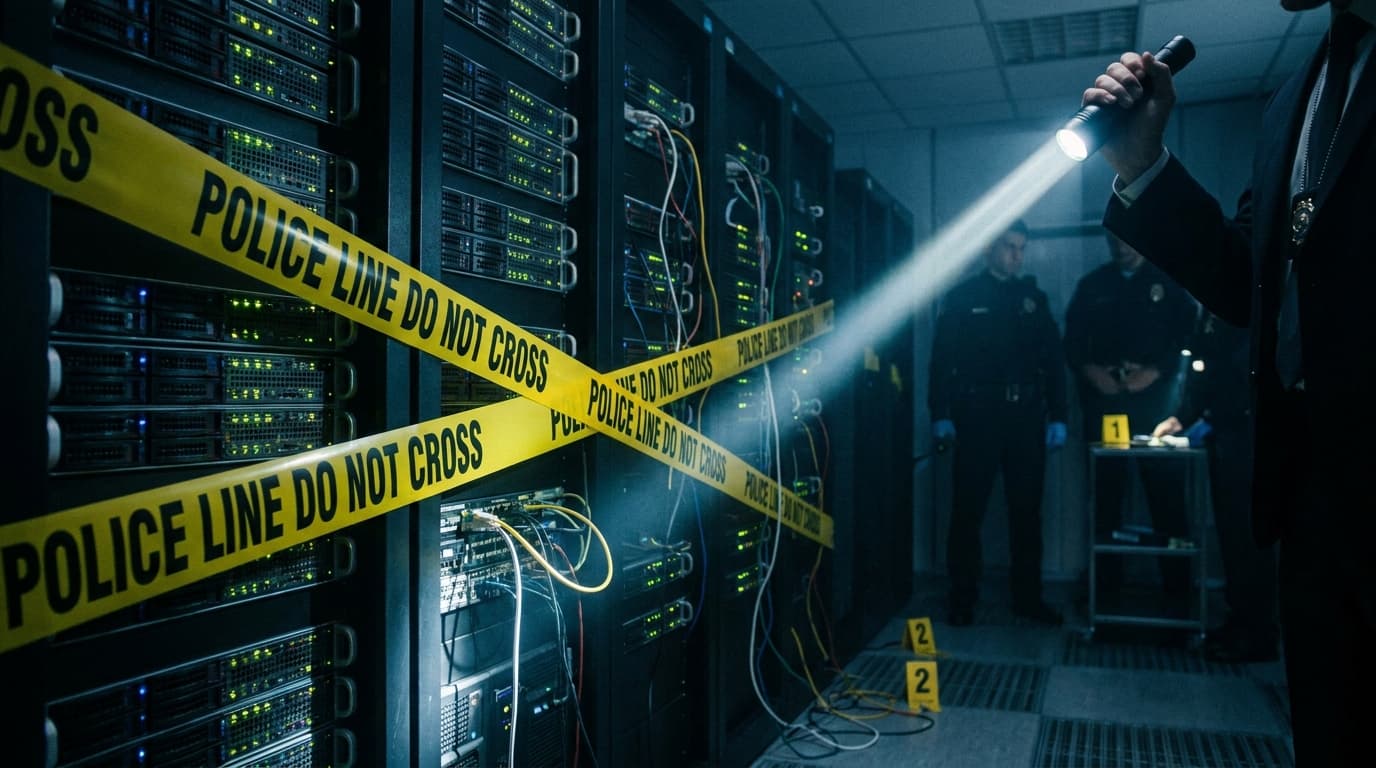 Police tape stretched across a row of servers in a data center, illustrating a law enforcement seizure of a hosting provider.