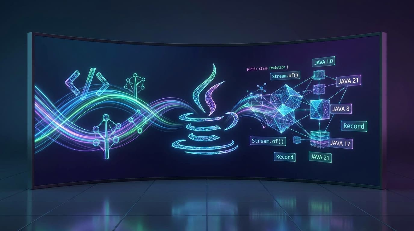 Abstract representation of Java JDK 27 updates, showing code and data flowing efficiently.