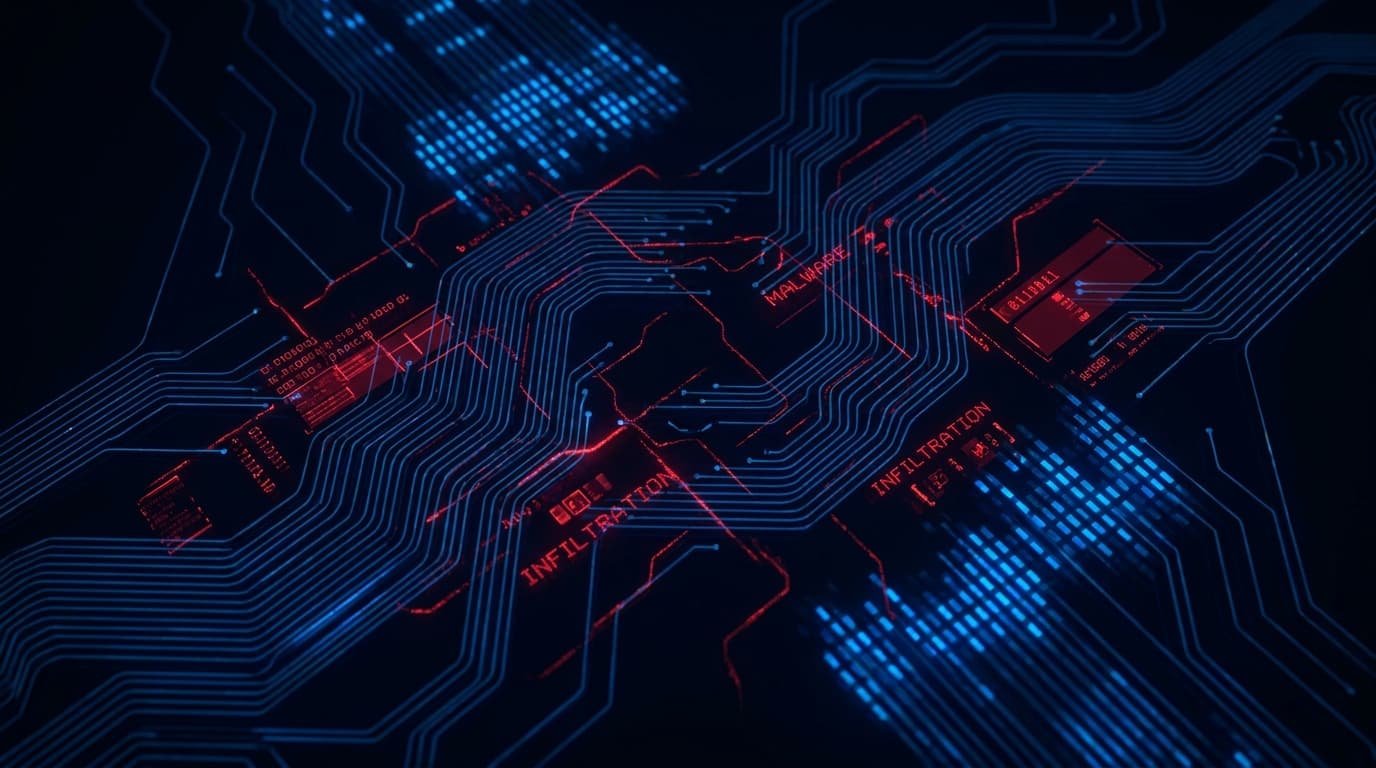An abstract illustration of a fileless malware attack, showing malicious code moving through a computer's memory.