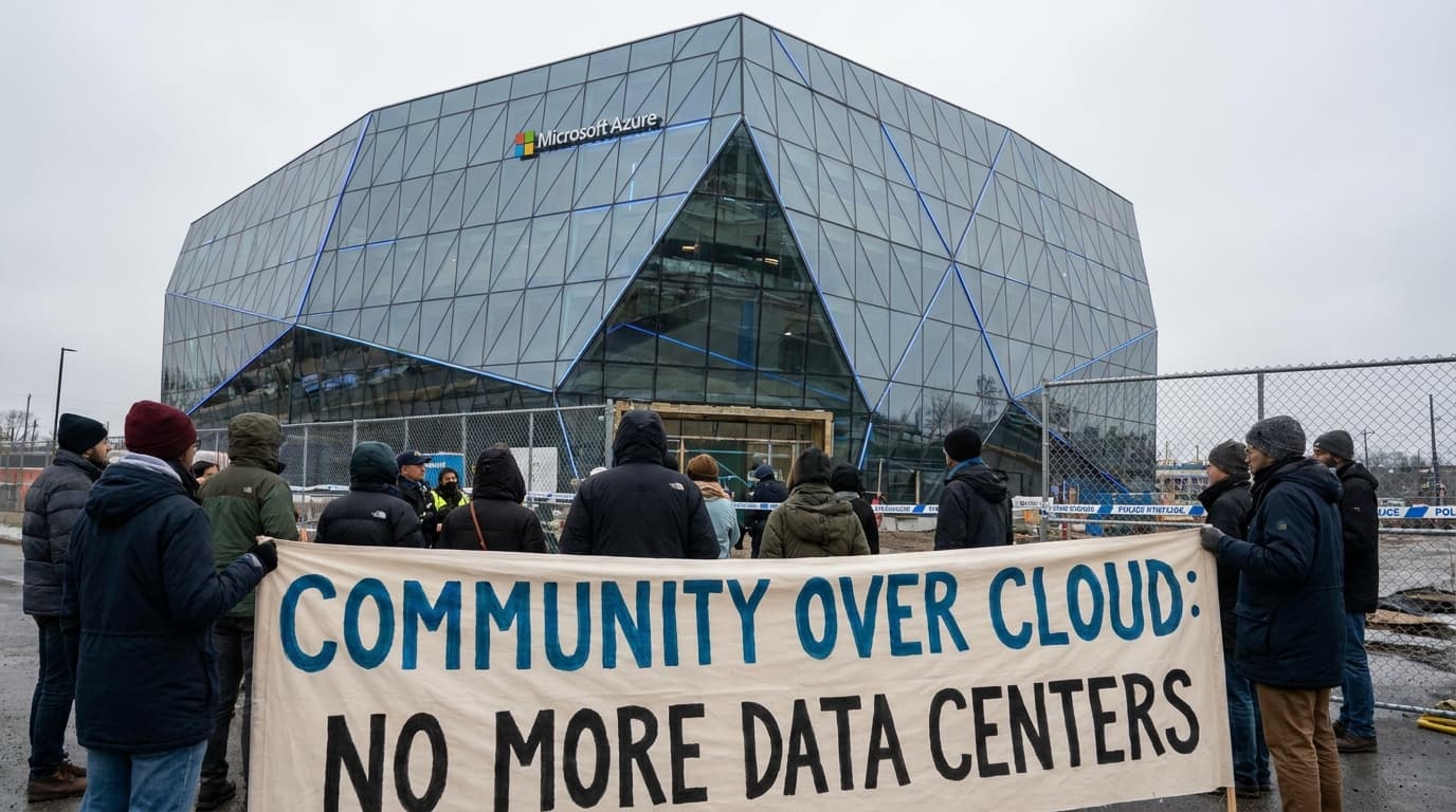 Illustration of a modern data center with a community protest sign in the foreground, symbolizing local opposition to tech infrastructure projects.