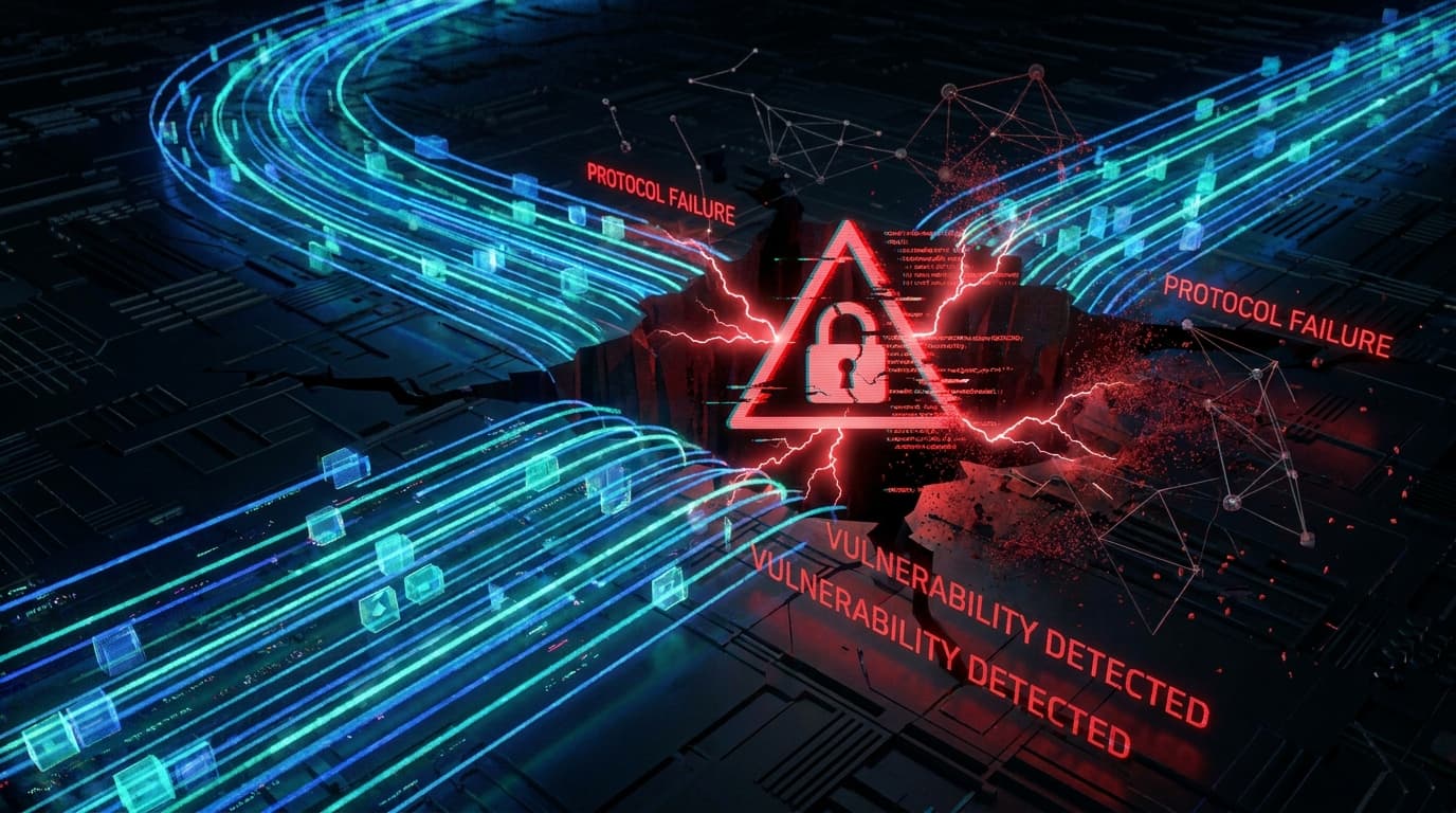Abstract visualization of a network vulnerability in a data stream, representing the ngtcp2 security flaw.