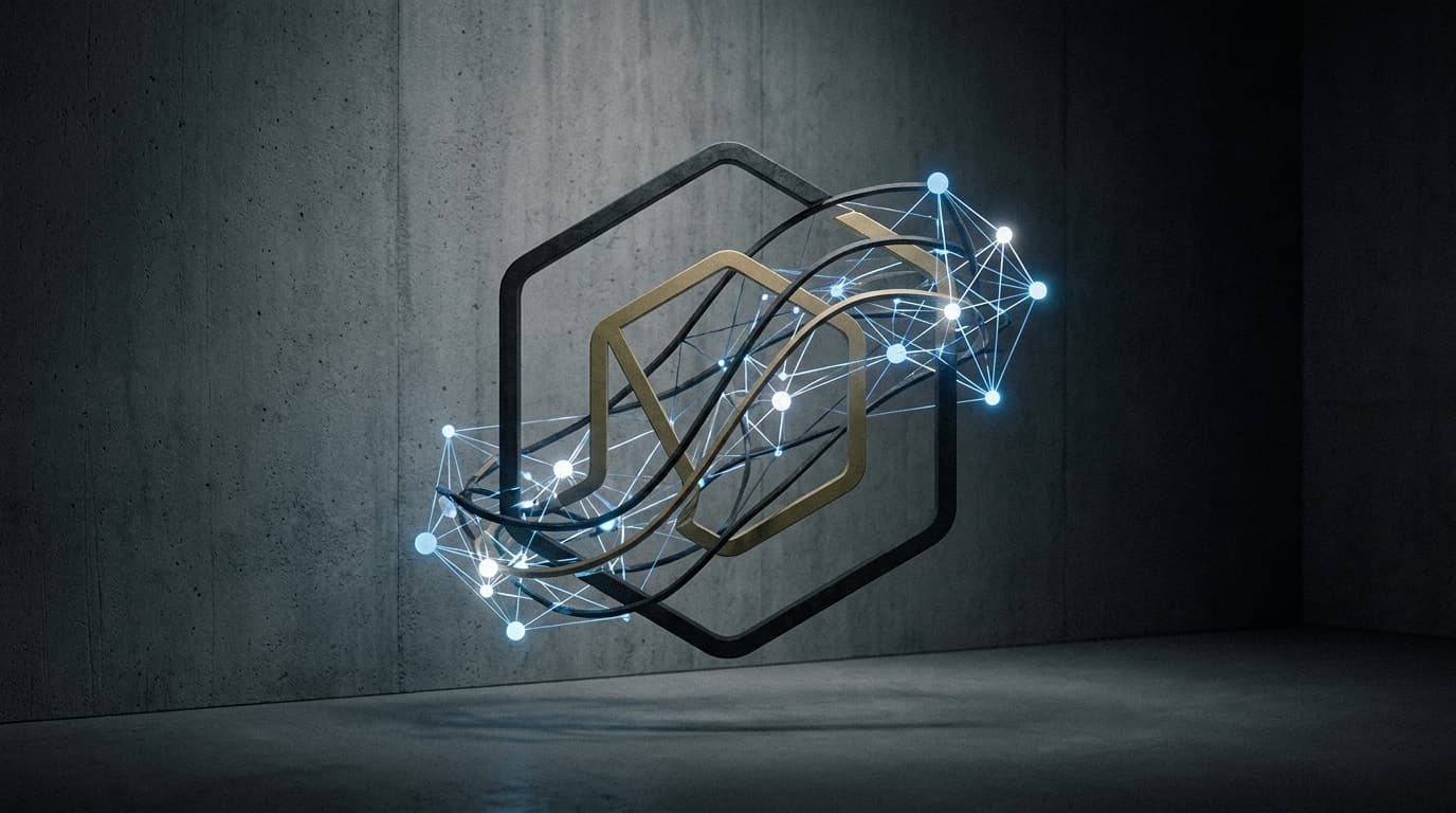 Abstract representation of Node.js and AI, showing a debate on AI-generated code.