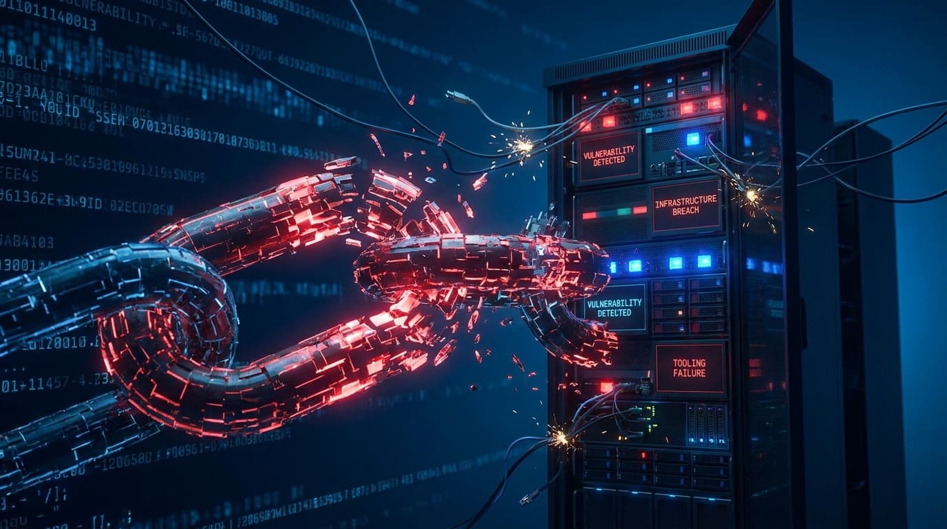 A broken chain link glowing red, symbolizing a security vulnerability, with a blurred server background.