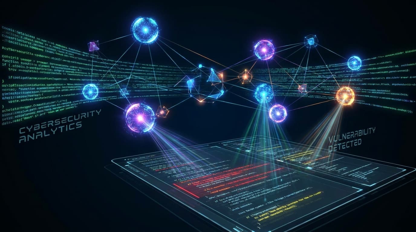 An abstract image of AI agents working together to find security vulnerabilities in code.
