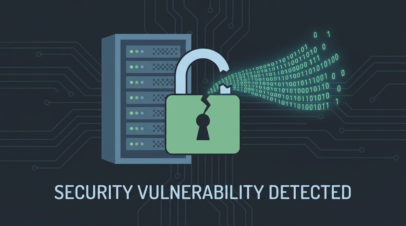 A broken digital lock on a server, symbolizing a critical software vulnerability.
