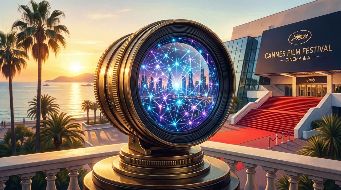 An illustration of a film camera lens reflecting an AI neural network, representing the integration of AI into the film industry at Cannes.