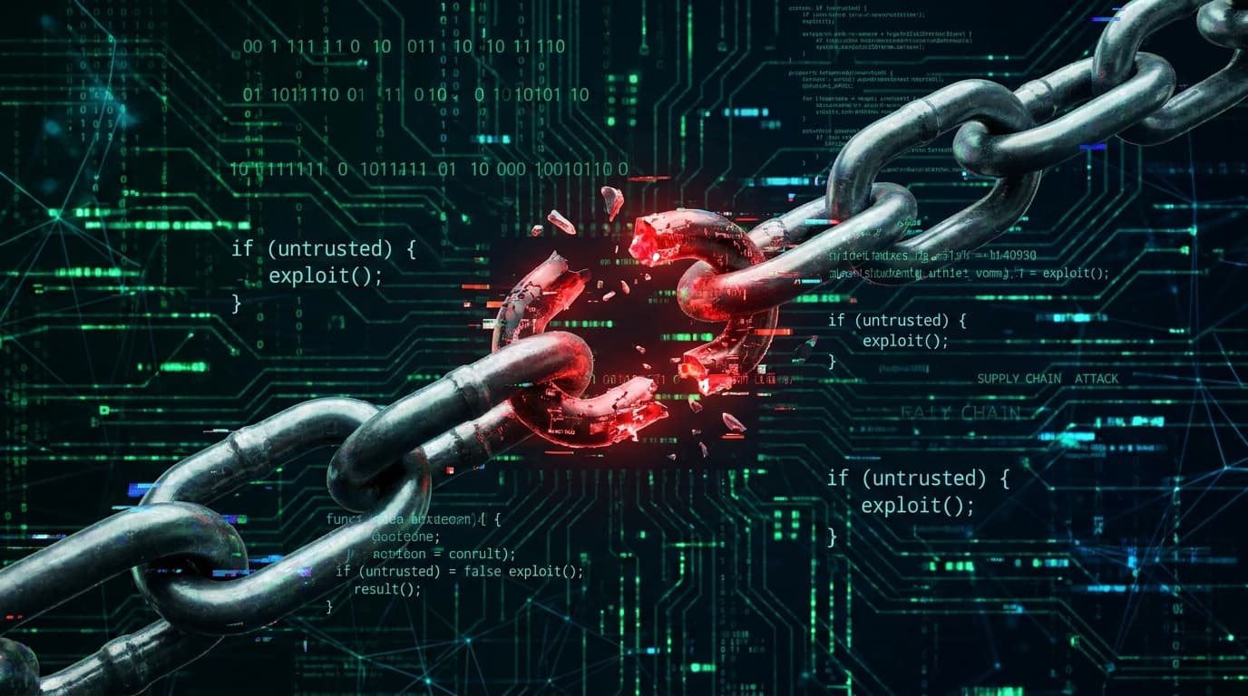 A conceptual image representing a software supply chain attack, showing a broken, glowing chain link against a background of computer code.